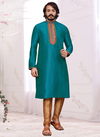 Teal Blue Colour Exclusive Festive Wear Art Silk Embroidery Work Kurta Pajama Mens Collection 38001